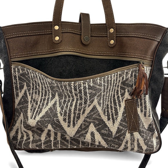 Myra Bag Hot Brownie Canvas Leather Tote Crossbody Tribal Laptop Bag - Picture 3 of 11